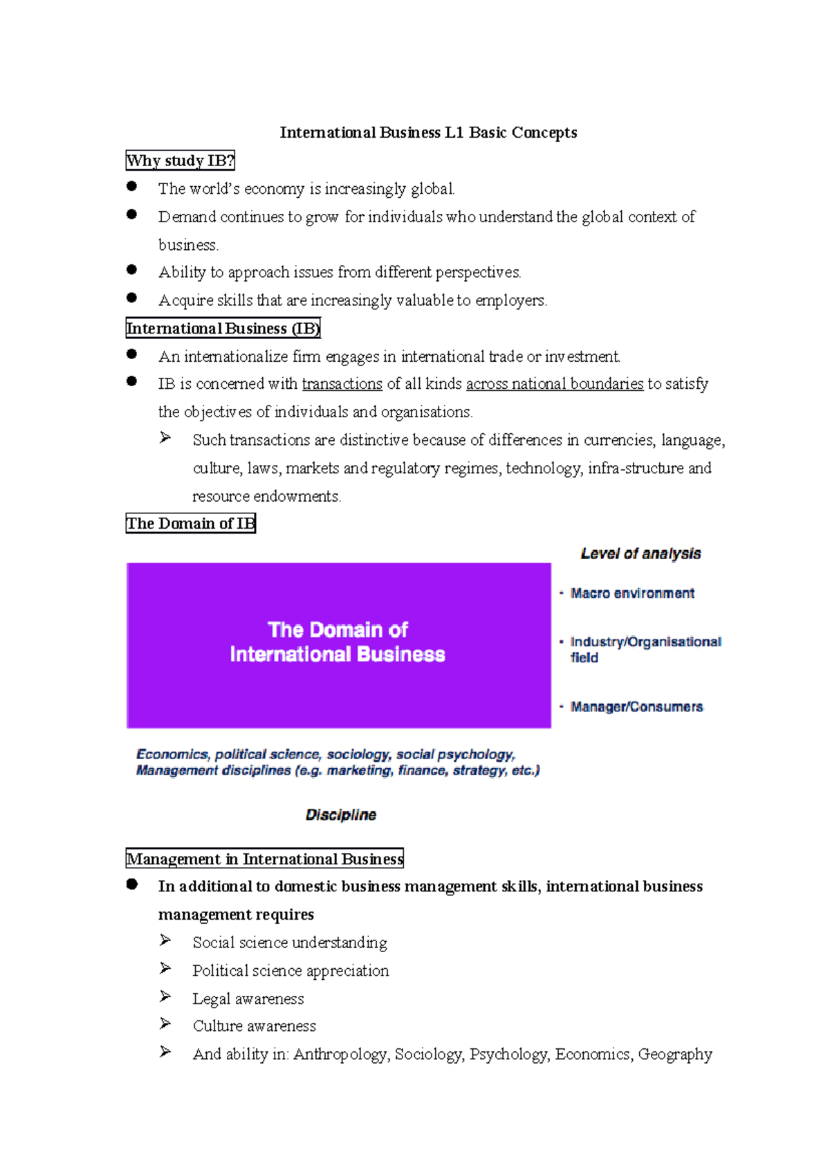 International Business L1: Key Concepts and Frameworks Explained - Studocu