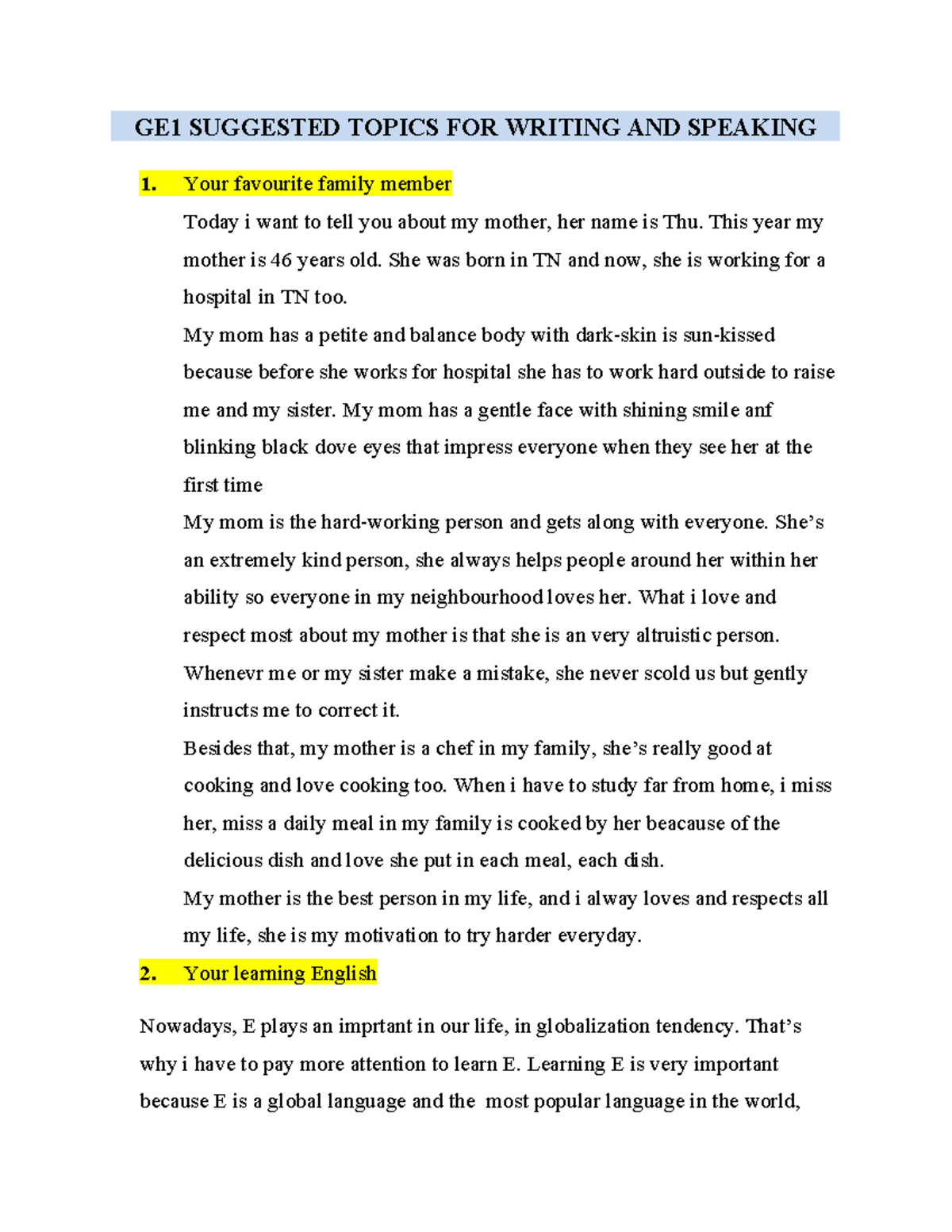 GE1 Suggested Topics FOR Writing AND Speaking - GE1 SUGGESTED TOPICS ...