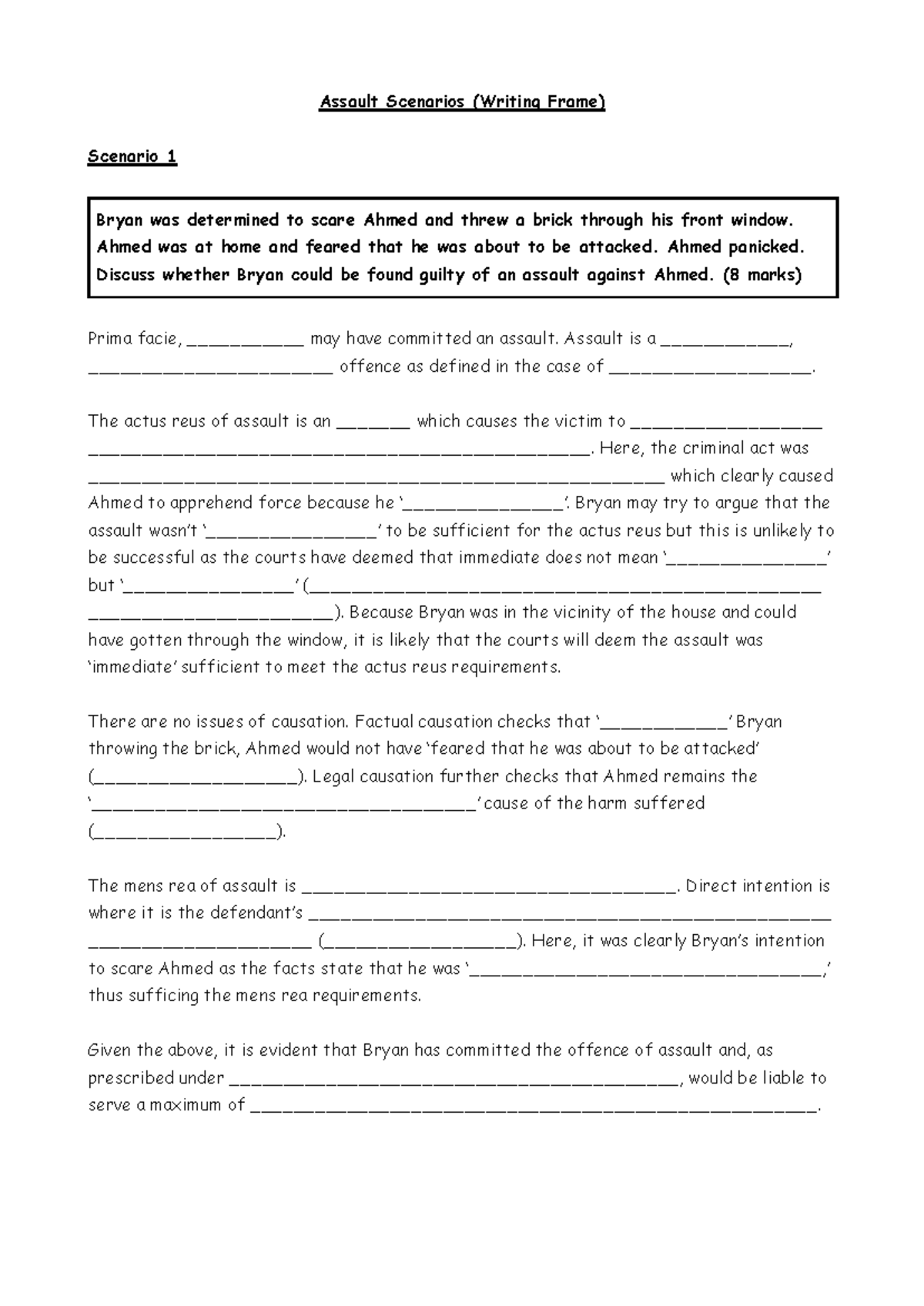 Assault Scenarios Writing Frame - Assault Scenarios (Writing Frame ...