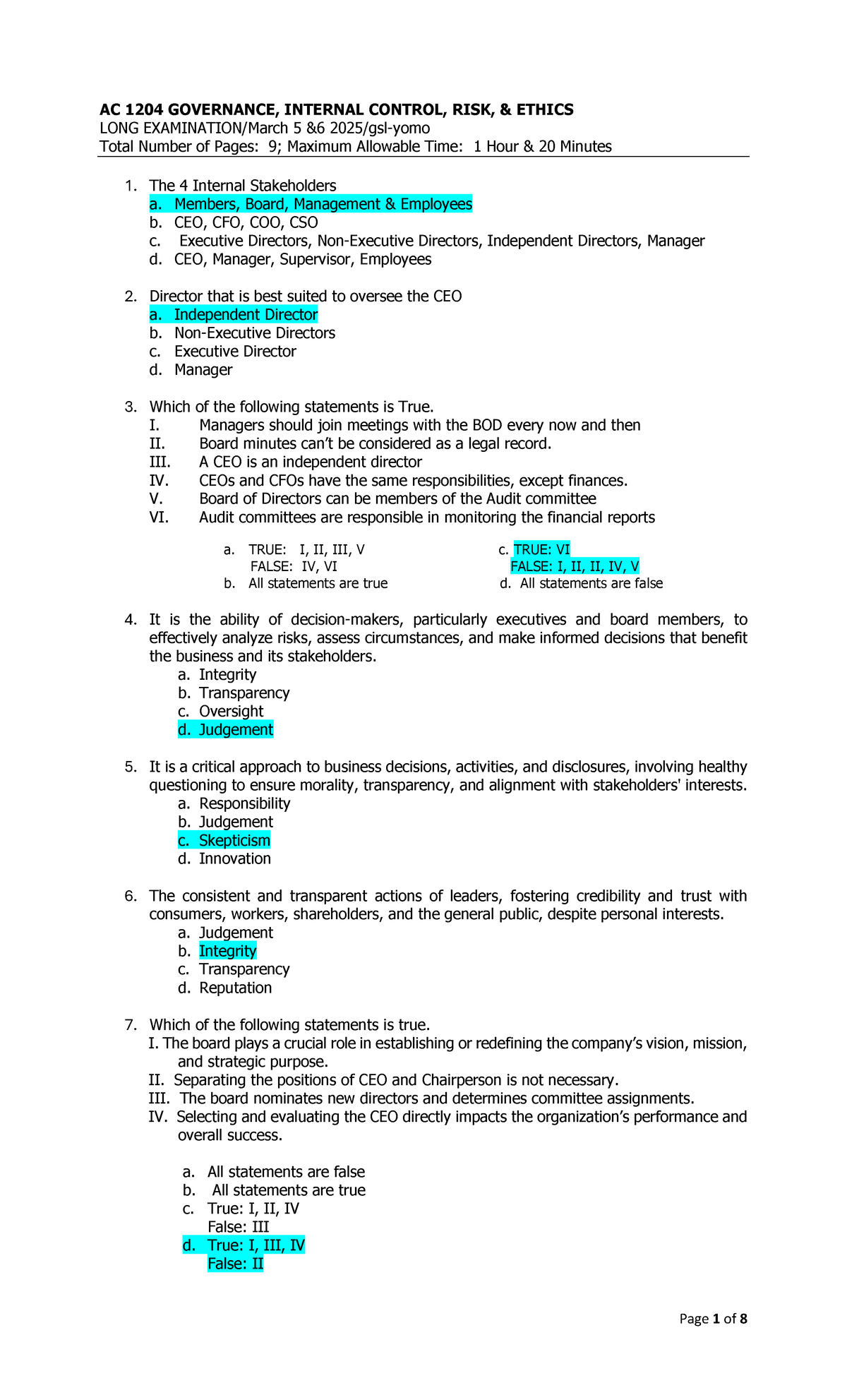 AC1204 Long Exam Answer KEY on Governance and Internal Control March 2025 - Document Preview