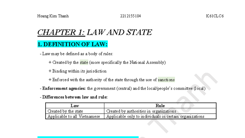 Chapter 1 - Law and State - CHAPTER 1: LAW AND STATE 1. DEFINITION OF ...