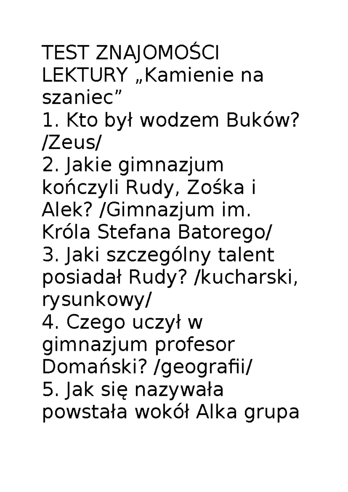 Kamienie Na Szaniec Test Z Lektury Profesor www.studocu.com