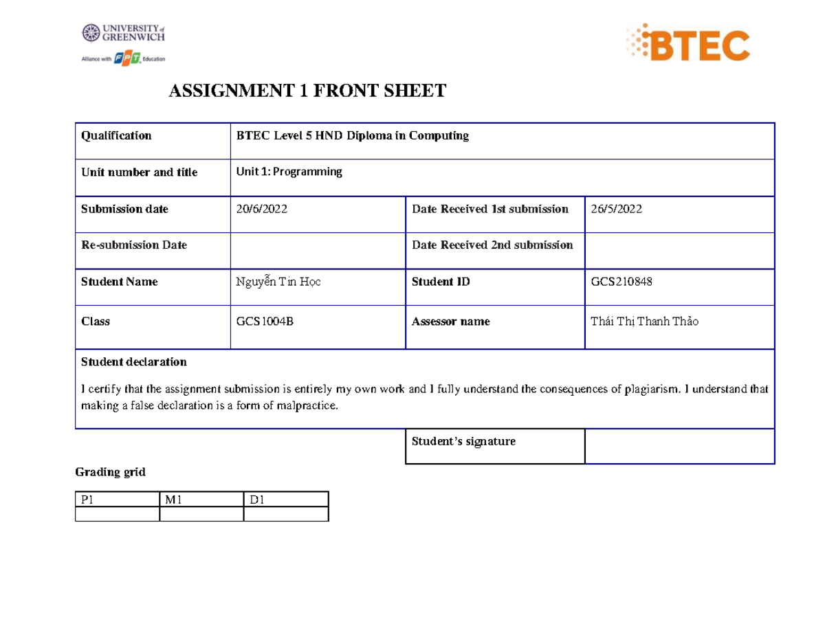 Assignment 1 Nguyen Tin Hoc-GCS210848 - ASSIGNMENT 1 FRONT SHEET ...