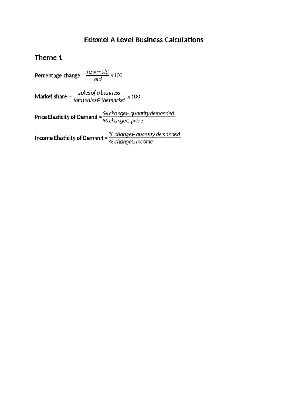 Edexcel A Level Business Calculations: Key Formulas & Concepts - Studocu