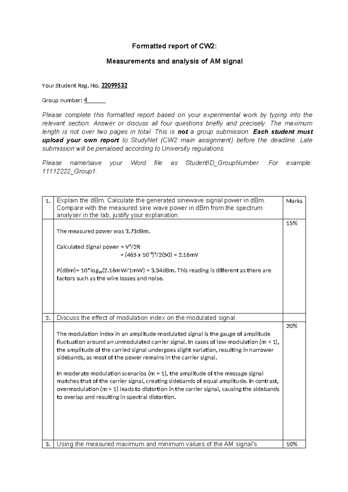 Measurements and analysis of AM signal - Formatted report of CW2 ...