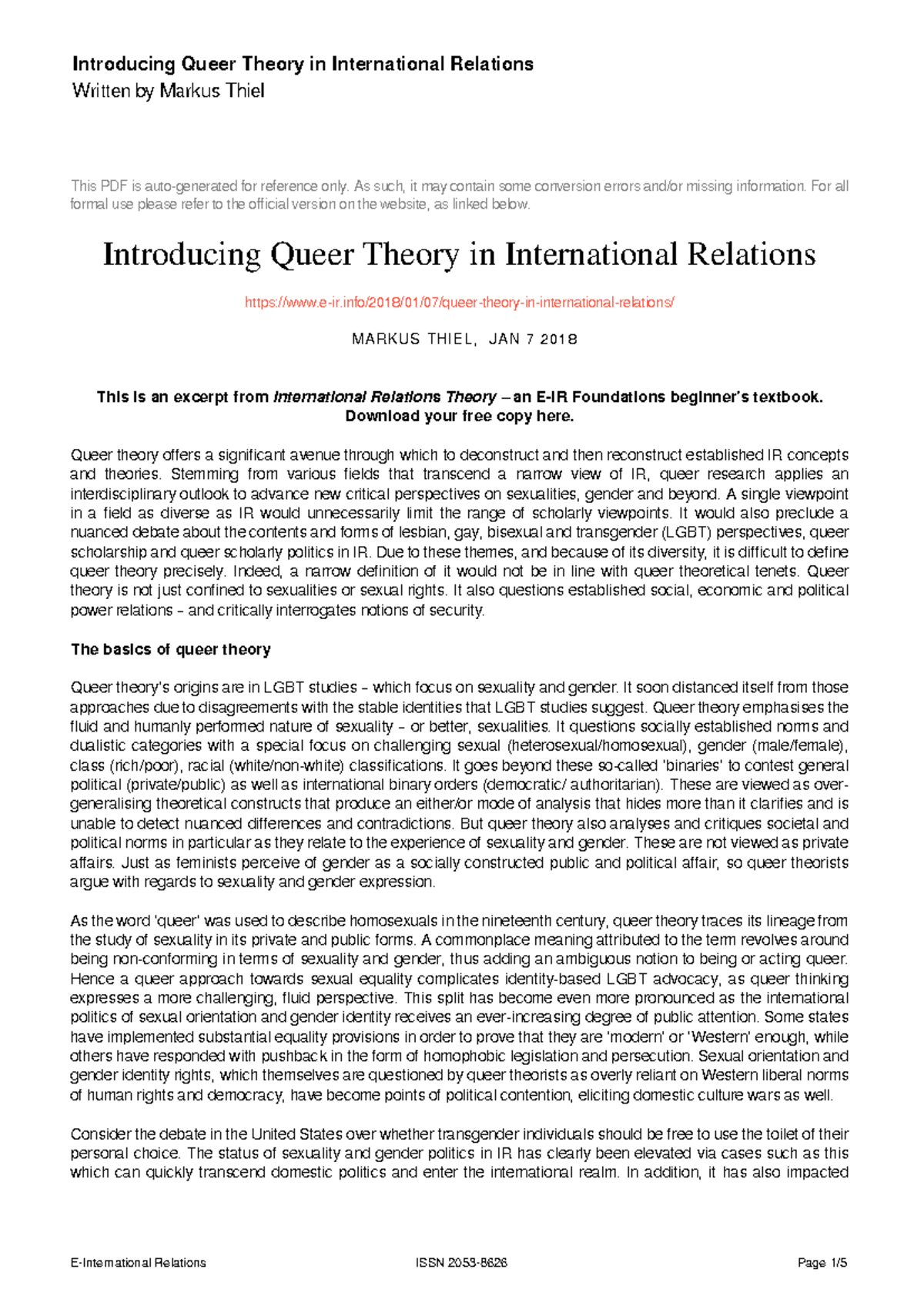 Queer Theory in International Relations: An Overview (IR 101) - Studocu