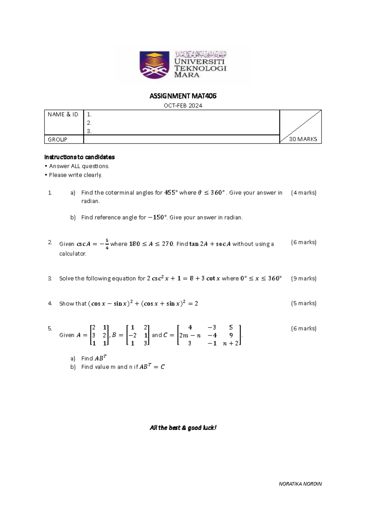 Assignment MAT406: Trigonometry and Matrix Problems - Studocu