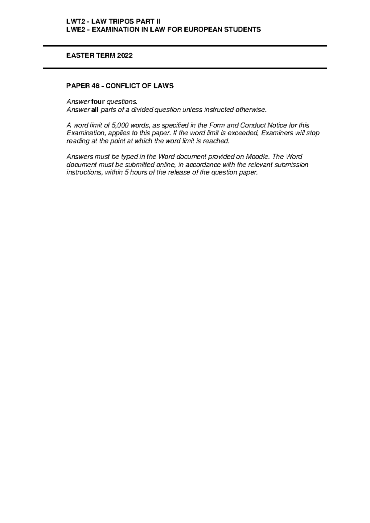 LWT2 LAW TRIPOS PART II LWE2 FINAL EXAMINATION PAPER 48 CONFLICT OF ...