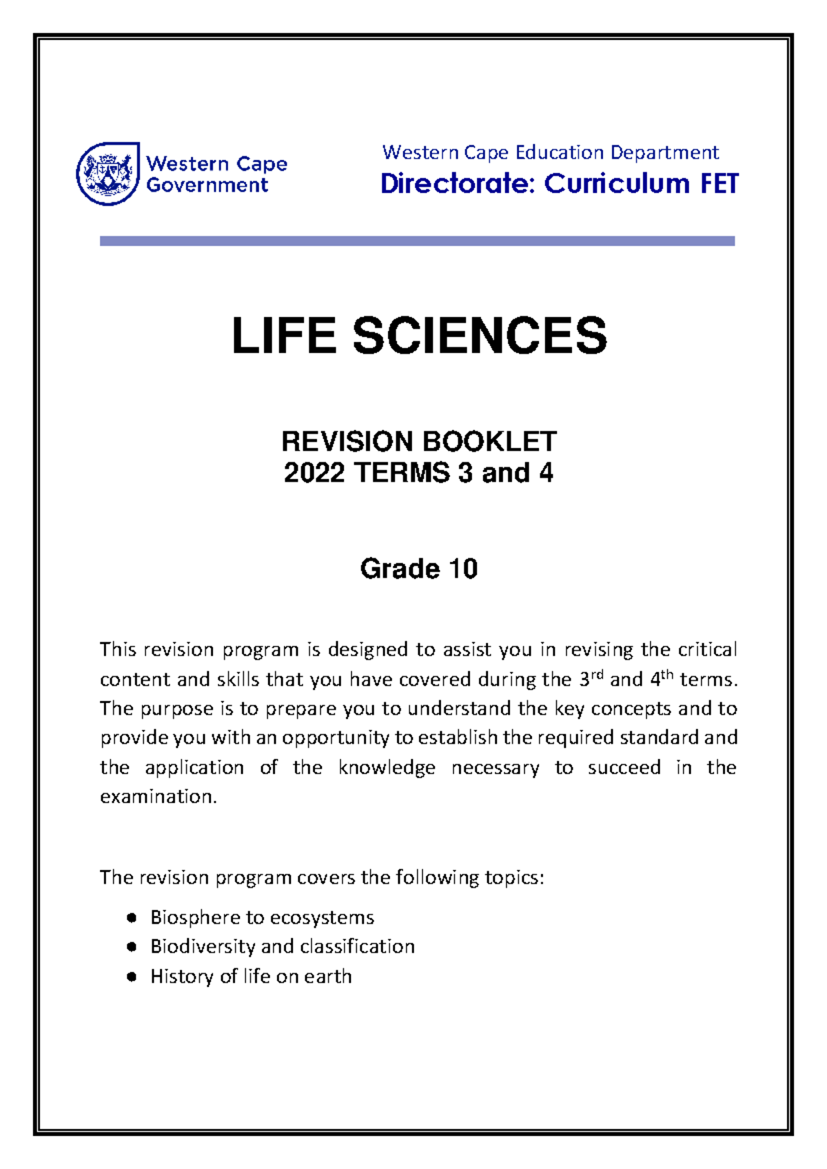 Life Sciences Grade 10 Revision Booklet Terms 3 & 4 2022 - Studocu