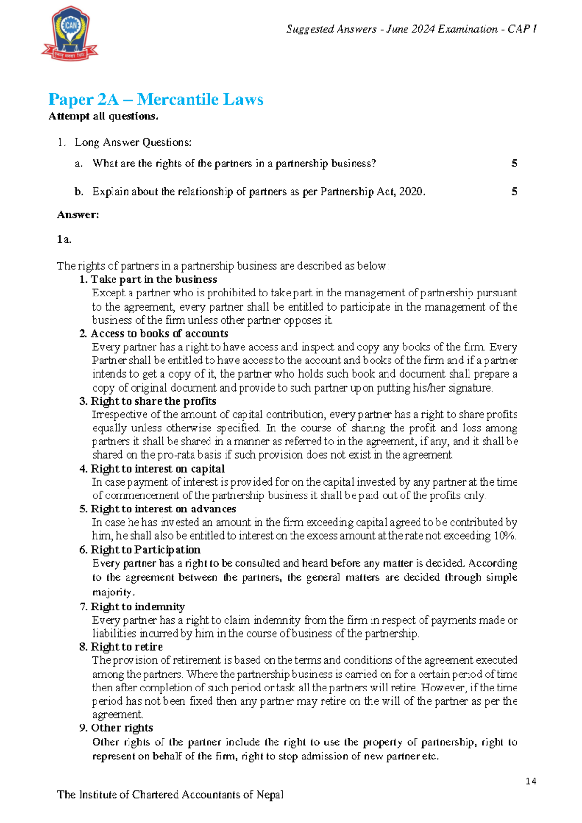 Mercantile Laws - Solutions to CAP I June 2024 Exam Questions - Studocu