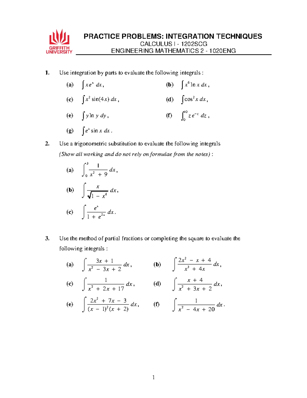 Integration Techniques Practice Problems: Calculus I 1202SCG - Studocu