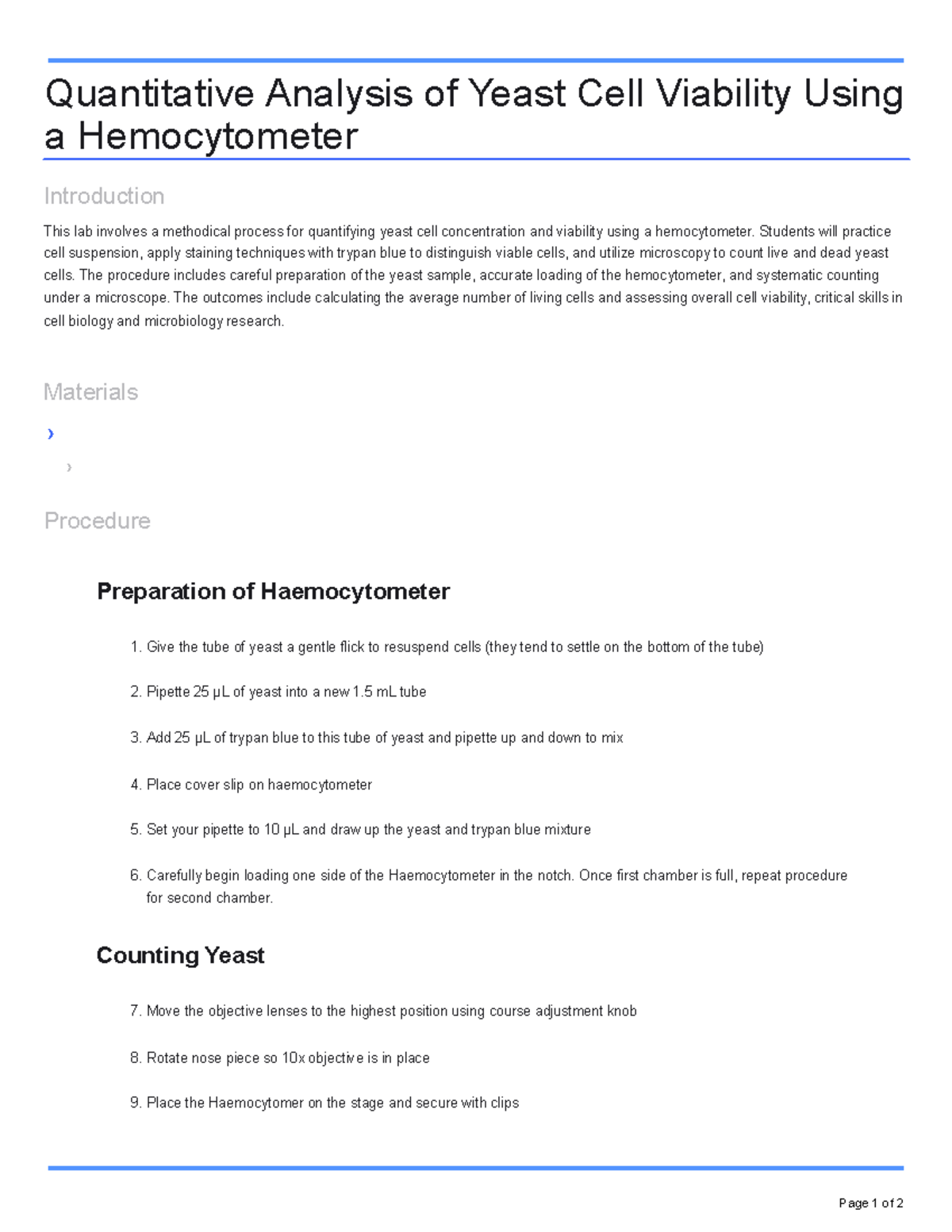 Benchling Protocols Lab 2 - Quantitative Analysis of Yeast Cell ...