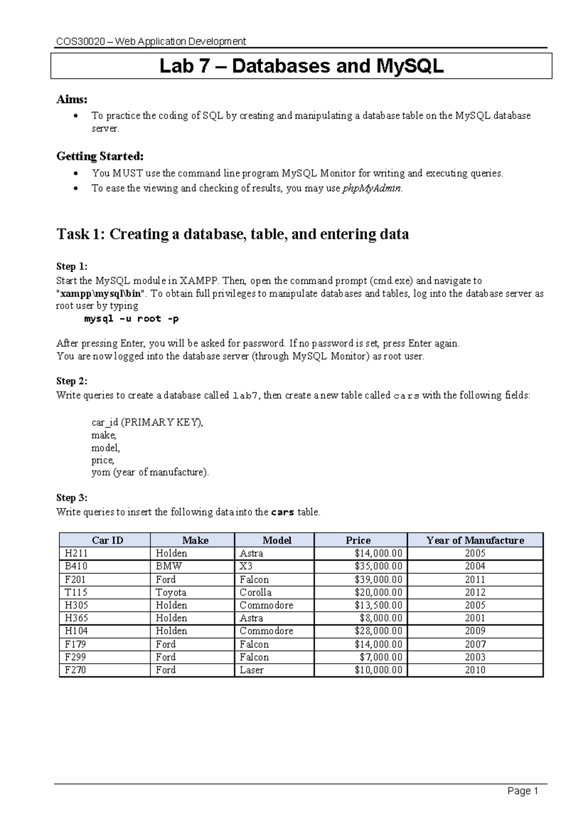 Lab 7 - SQL Coding and Database Manipulation for COS30020 - Studocu
