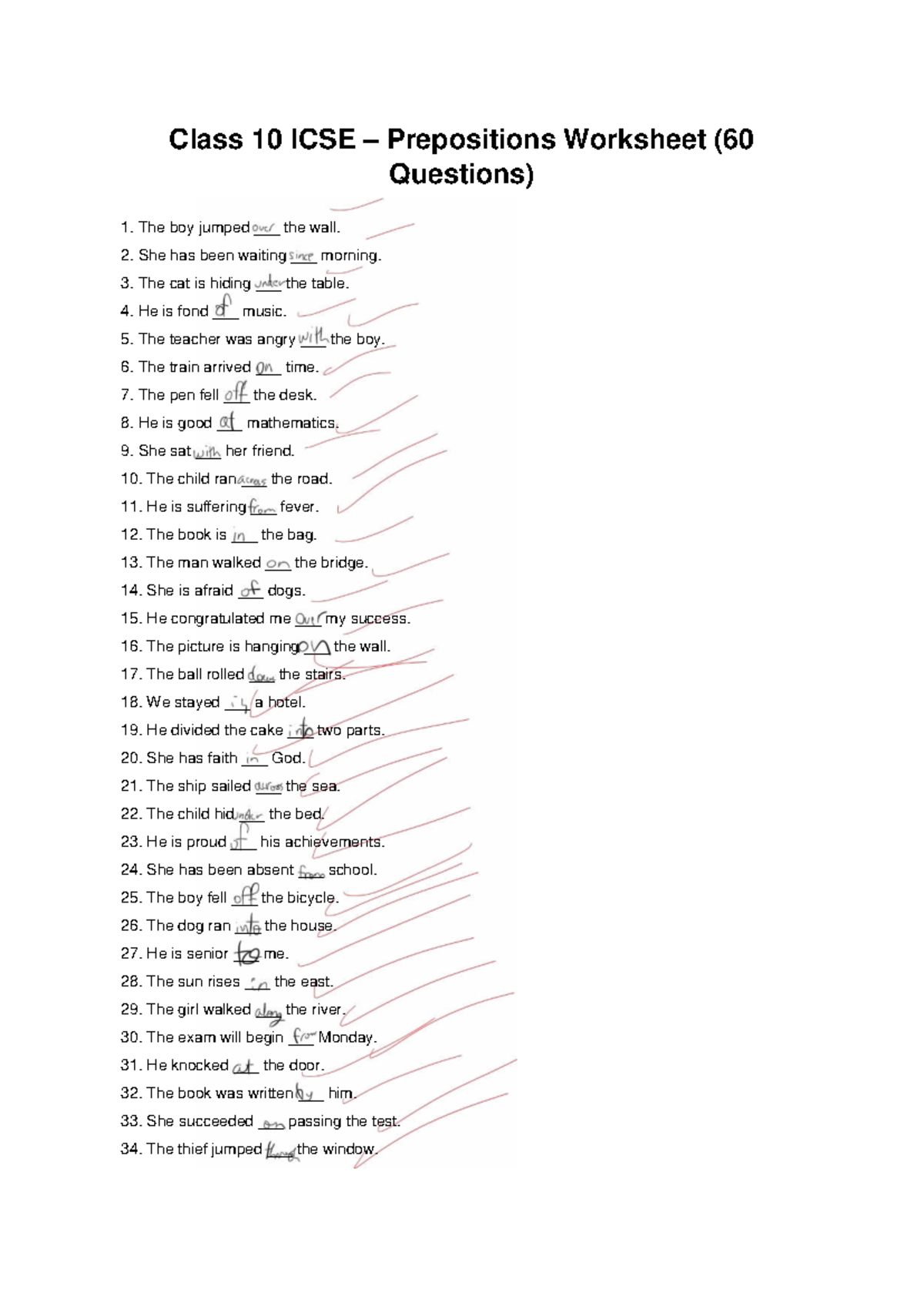 Class 10 ICSE Prepositions Worksheet (60 Qs) - Practice Exercises - Studocu
