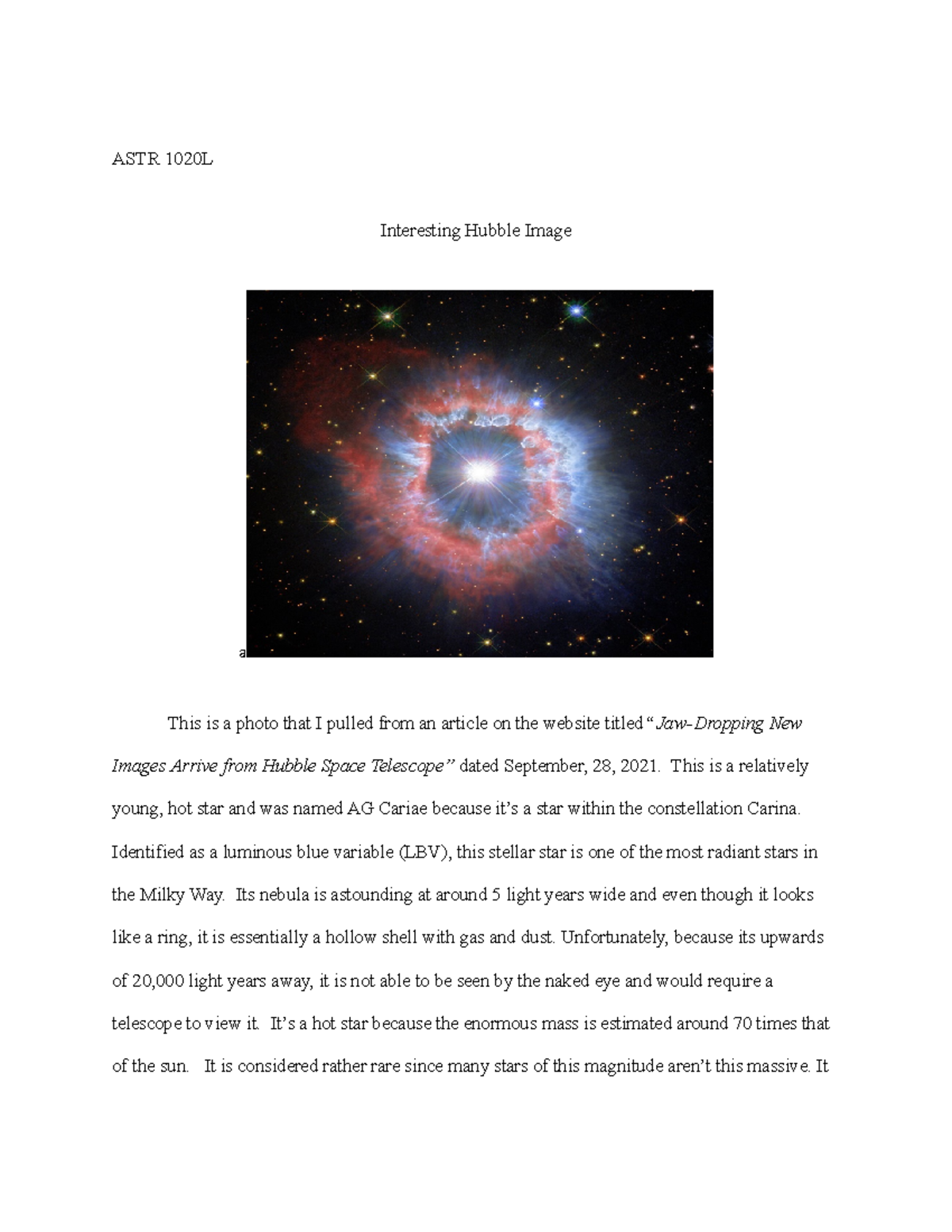 Astronomy Lab Hubble Image Assignment - ASTR 1020L Interesting Hubble ...