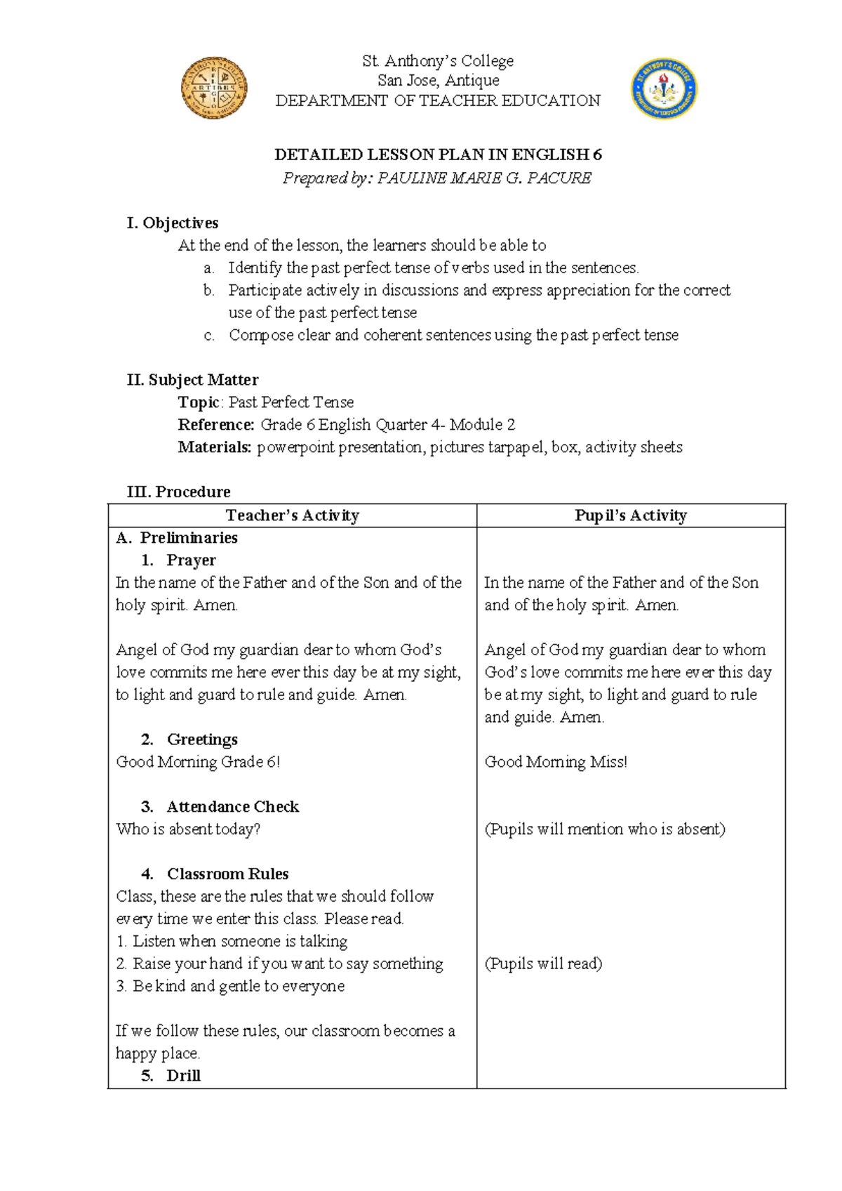 Detailed Lesson Plan on Past Perfect Tense (ENG 6) - Studocu