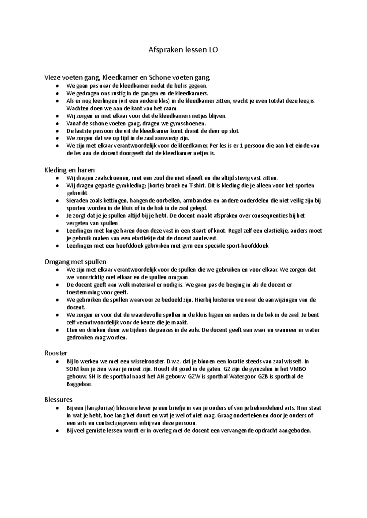 Afspraken en Regels voor LO Lessen - KKK Document - Studeersnel