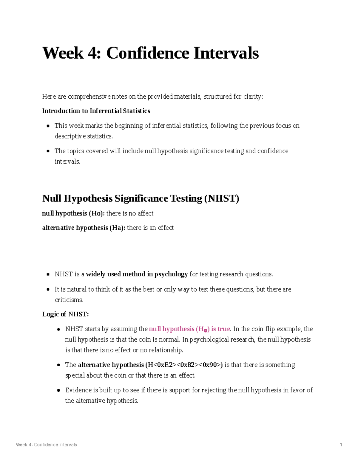 Week 4: Comprehensive Notes on Confidence Intervals in Statistics - Studocu