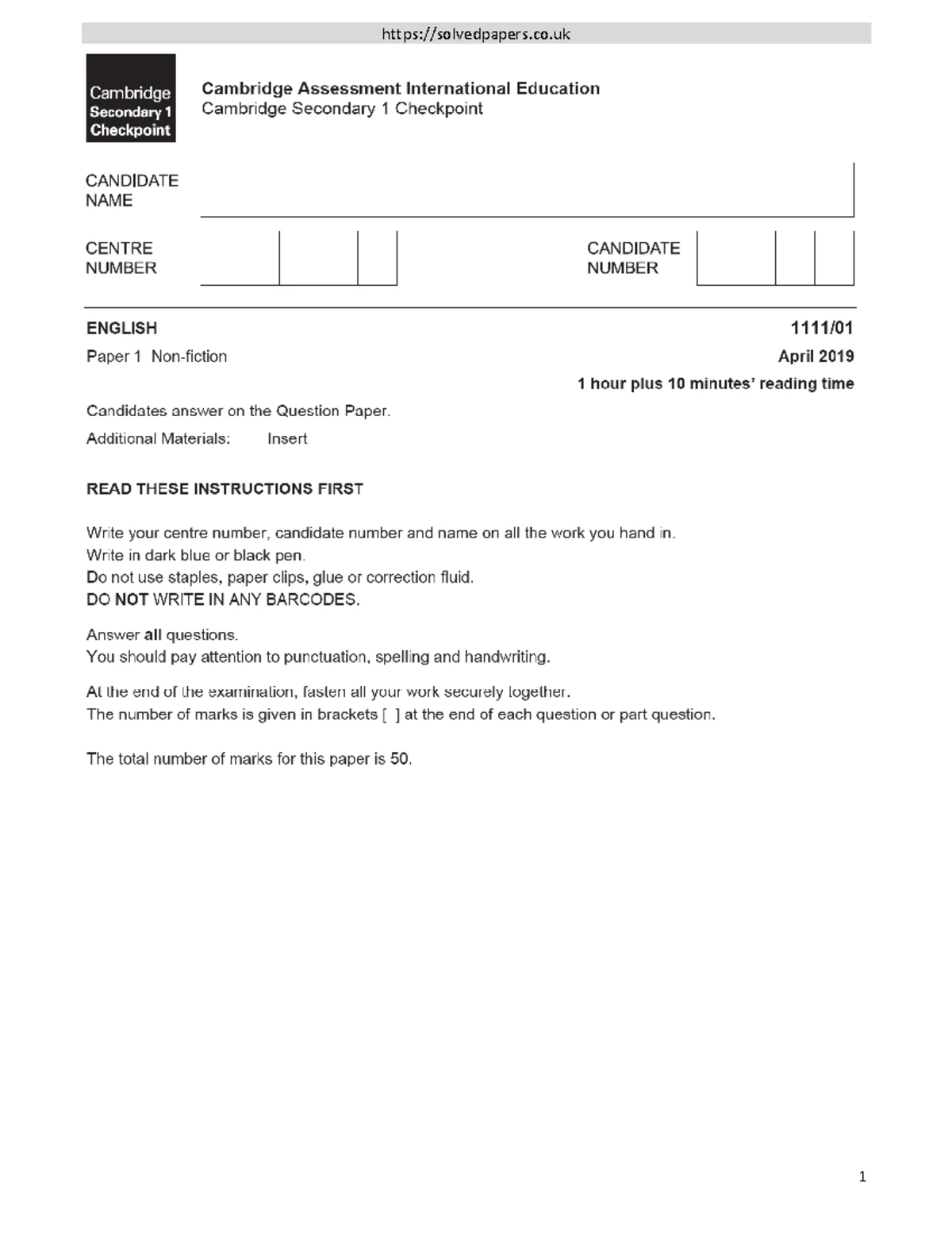 English P1 Non-fiction april 2019 Sec1 - Cambridge Cambridge