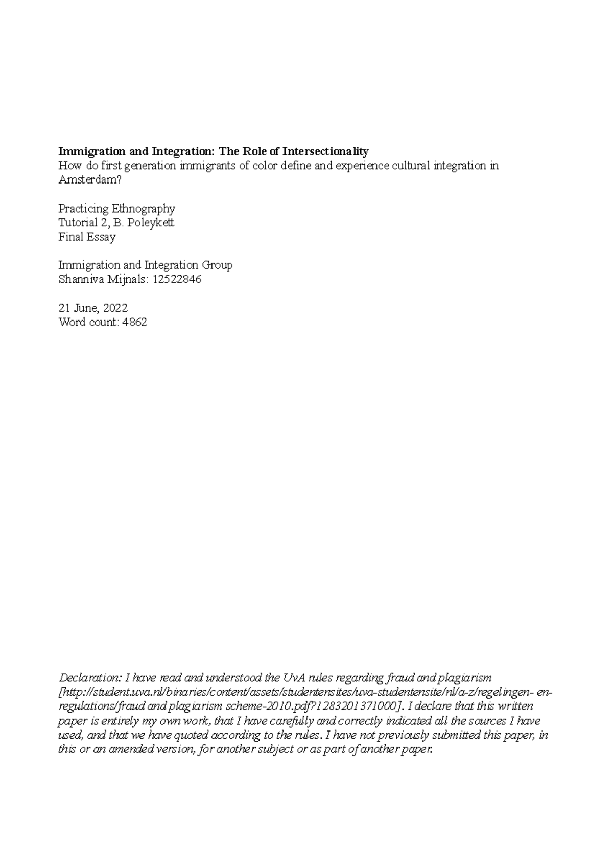 Intersectionality in Immigration & Integration: Final Essay (EVN2102 ...
