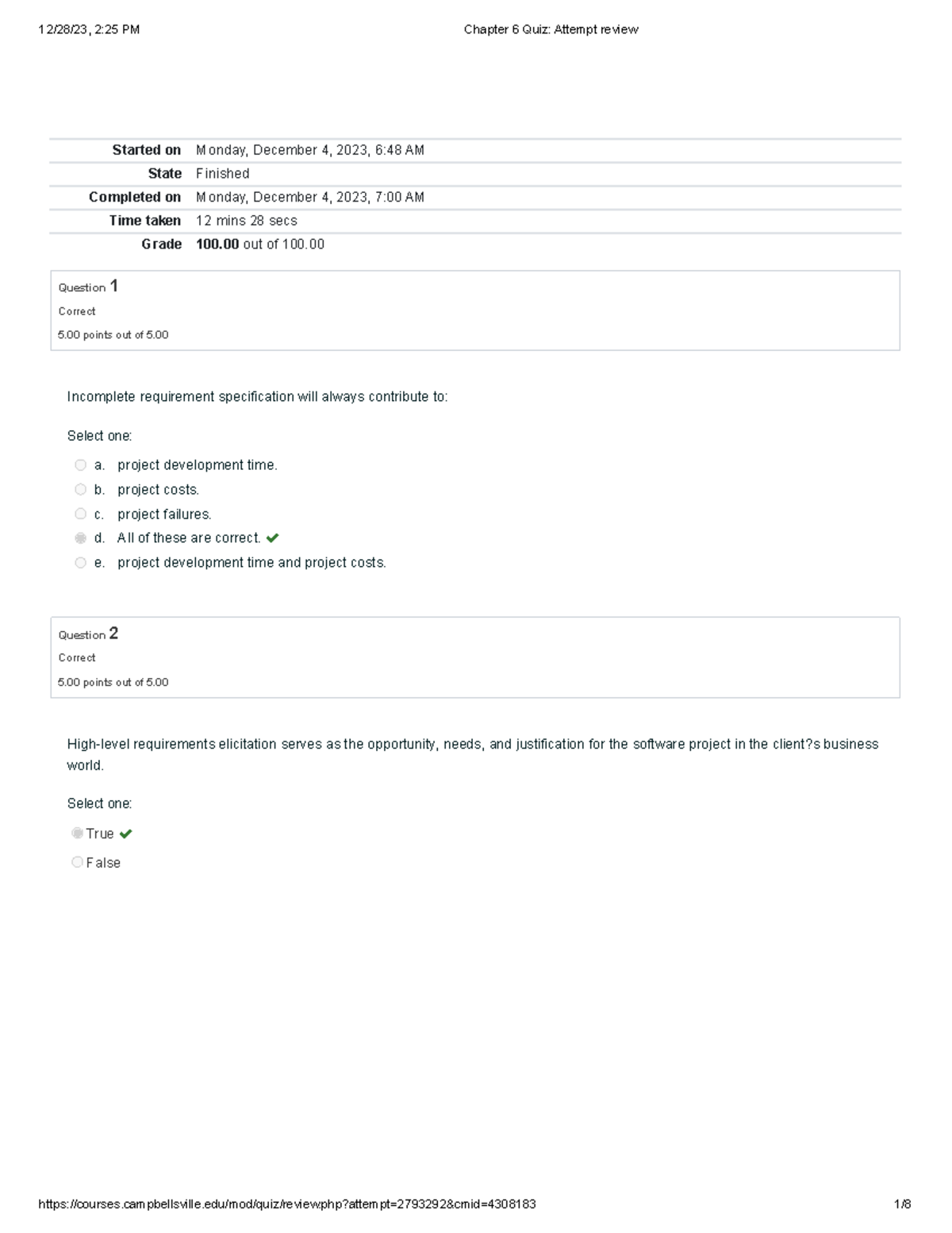 Chapter 6 Quiz Attempt review - Started on Monday, December 4, 2023, 6: ...