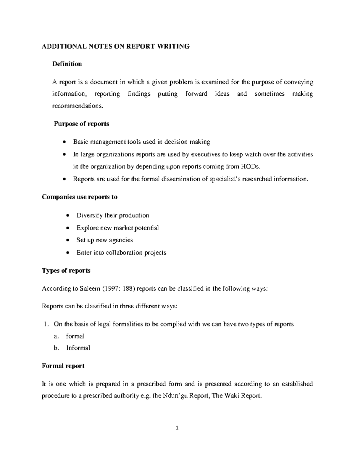 Additional Notes ON Report Writing Lesson 3 - ADDITIONAL NOTES ON ...