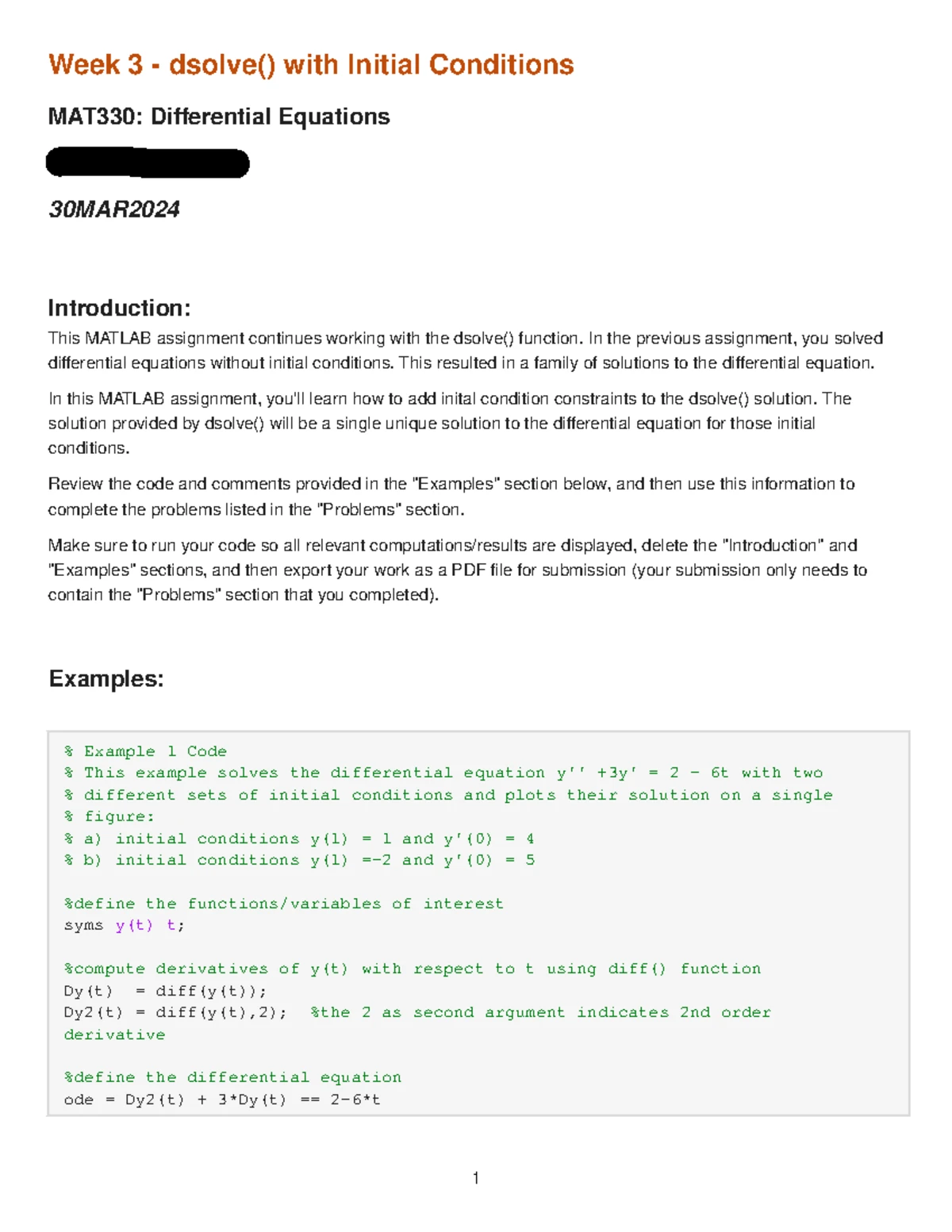 MAT330 Week 6 Assignment: Using ode45() for Differential Equations ...