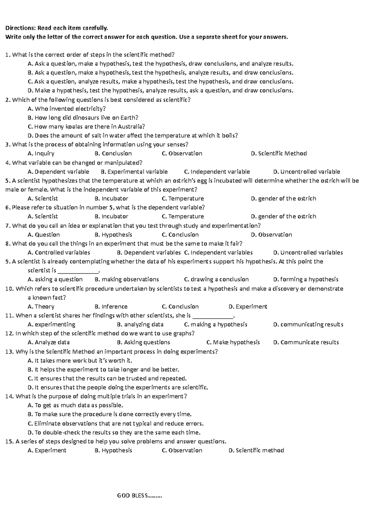 Assessment 1 SCI: Understanding the Scientific Method and Experiments ...