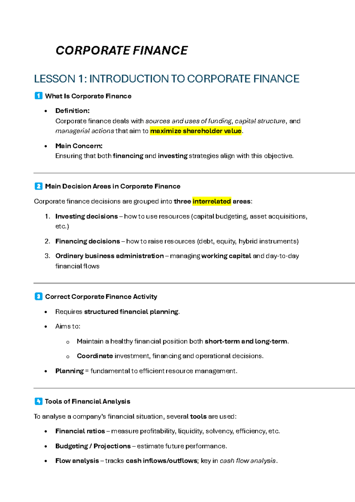 CORPORATE FINANCE - LESSON 1: INTRODUCTION TO KEY CONCEPTS - Studocu