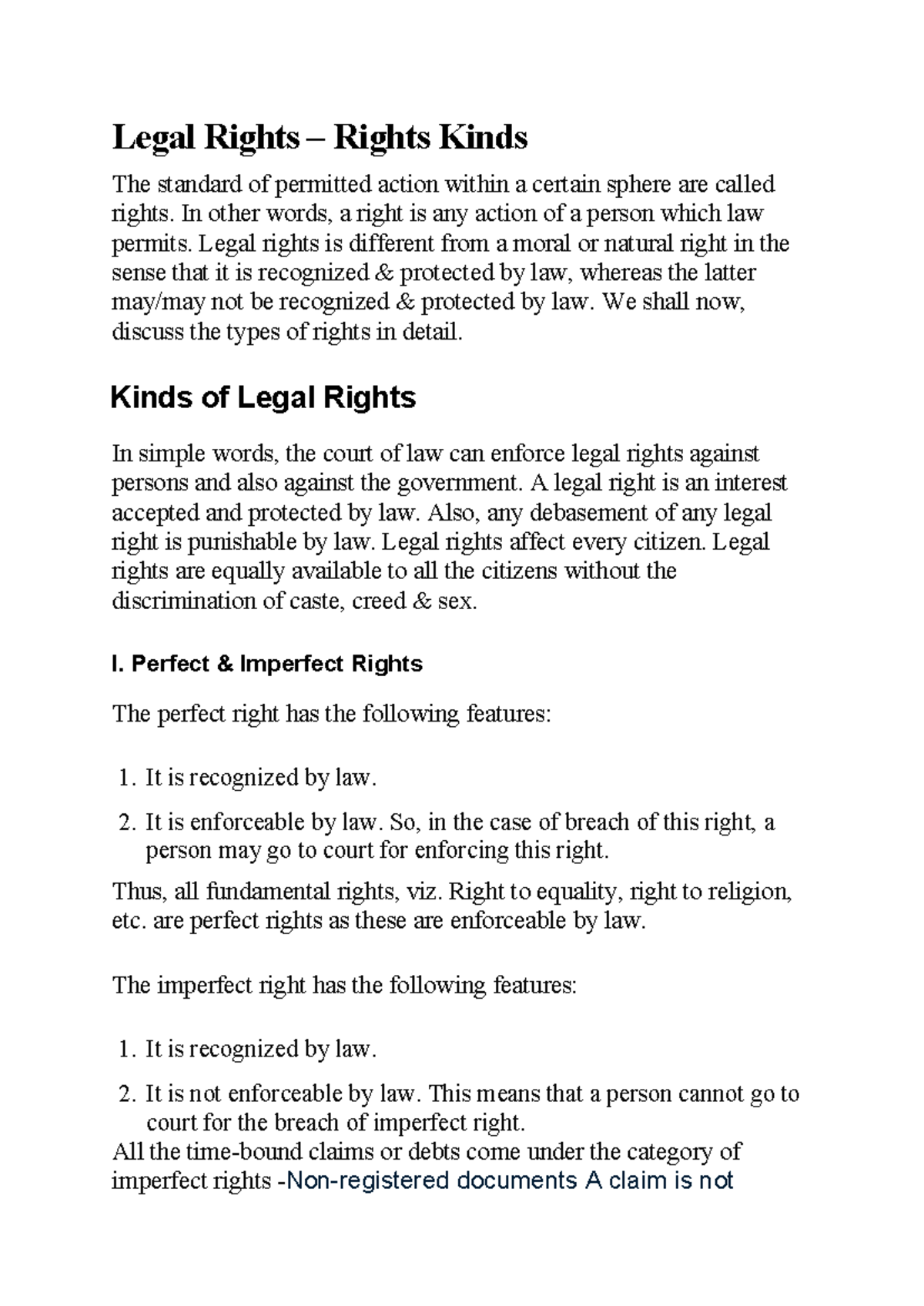 Legal Rights - notes - Legal Rights – Rights Kinds The standard of ...