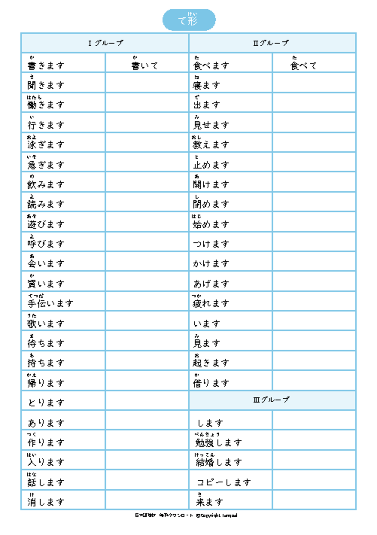 て形 - Japanese 2 - て形 Iグループ IIグループ IIIグループ 書きます 聞きます 働きます 行きます 泳ぎます 急ぎます ...