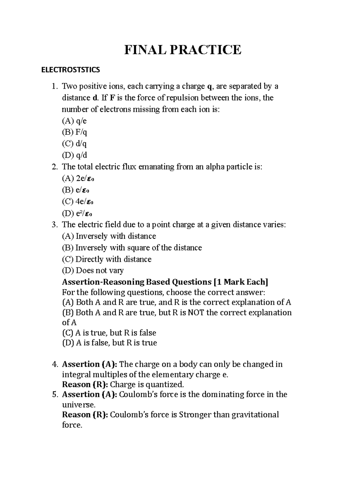 Chapter-Wise Questions for Final Exam - Electromagnetism & Optics (PHY ...