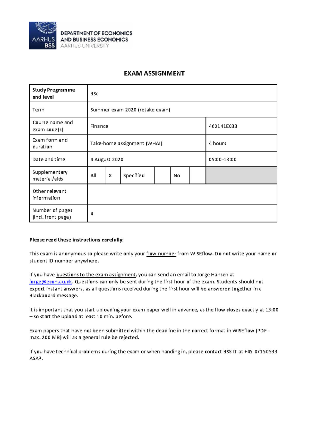 Exam S2020r - Finance 460141E033 Retake Assignment Guidelines - Studocu