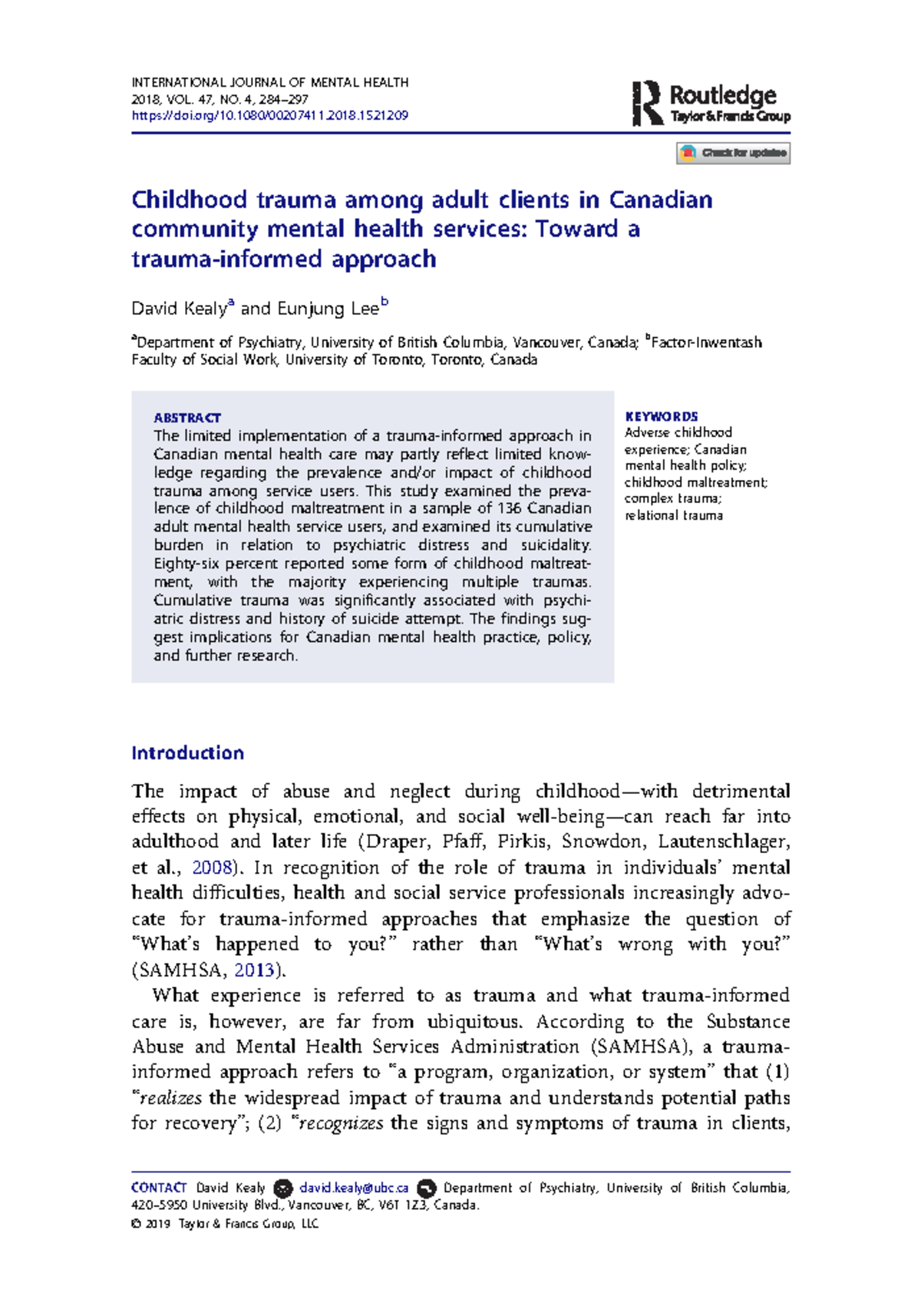 Childhood Trauma in Adult Clients of Canadian Mental Health Services ...