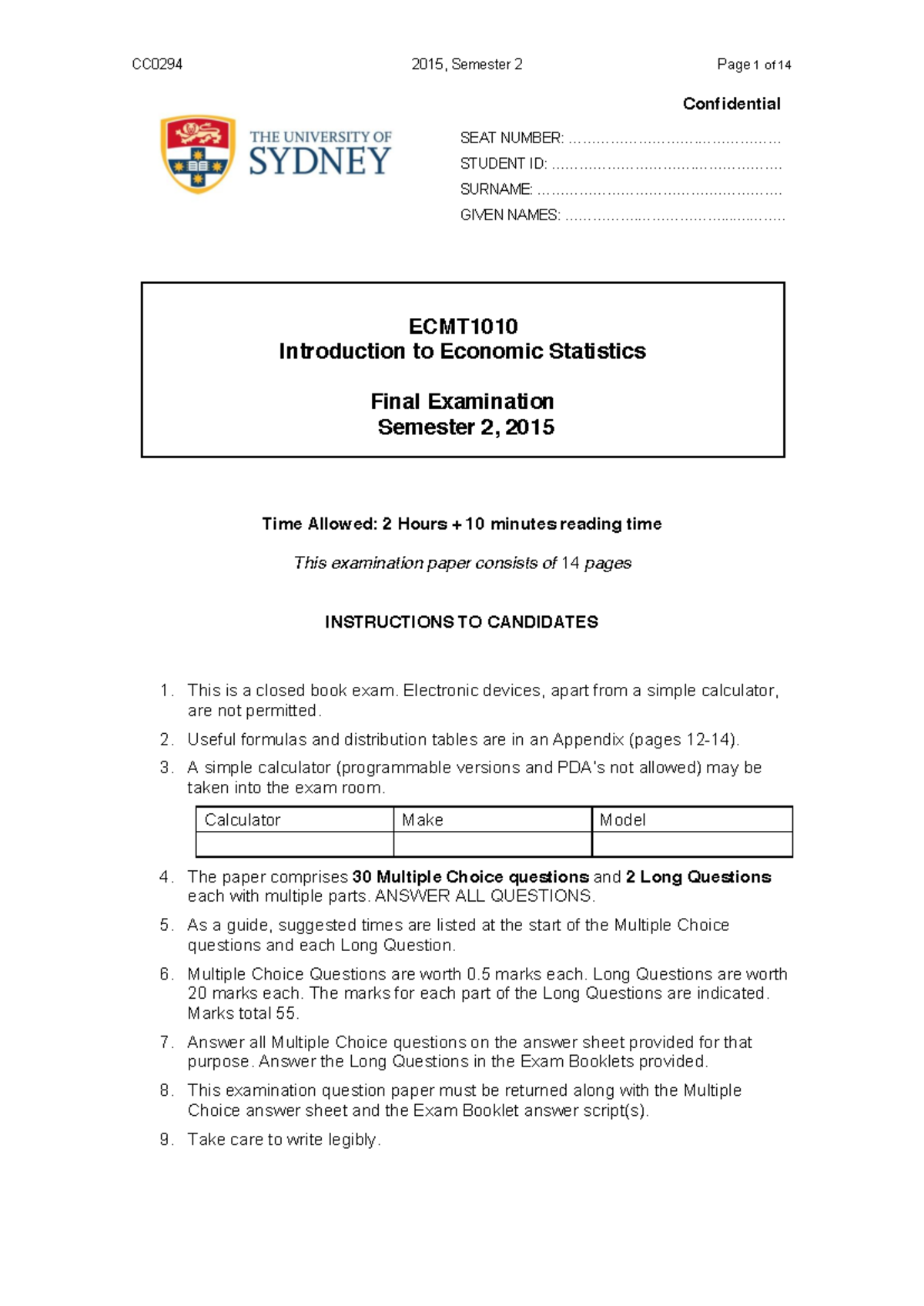 ECMT1010 Final Exam Practice Questions - 2015 Semester 2 - Studocu