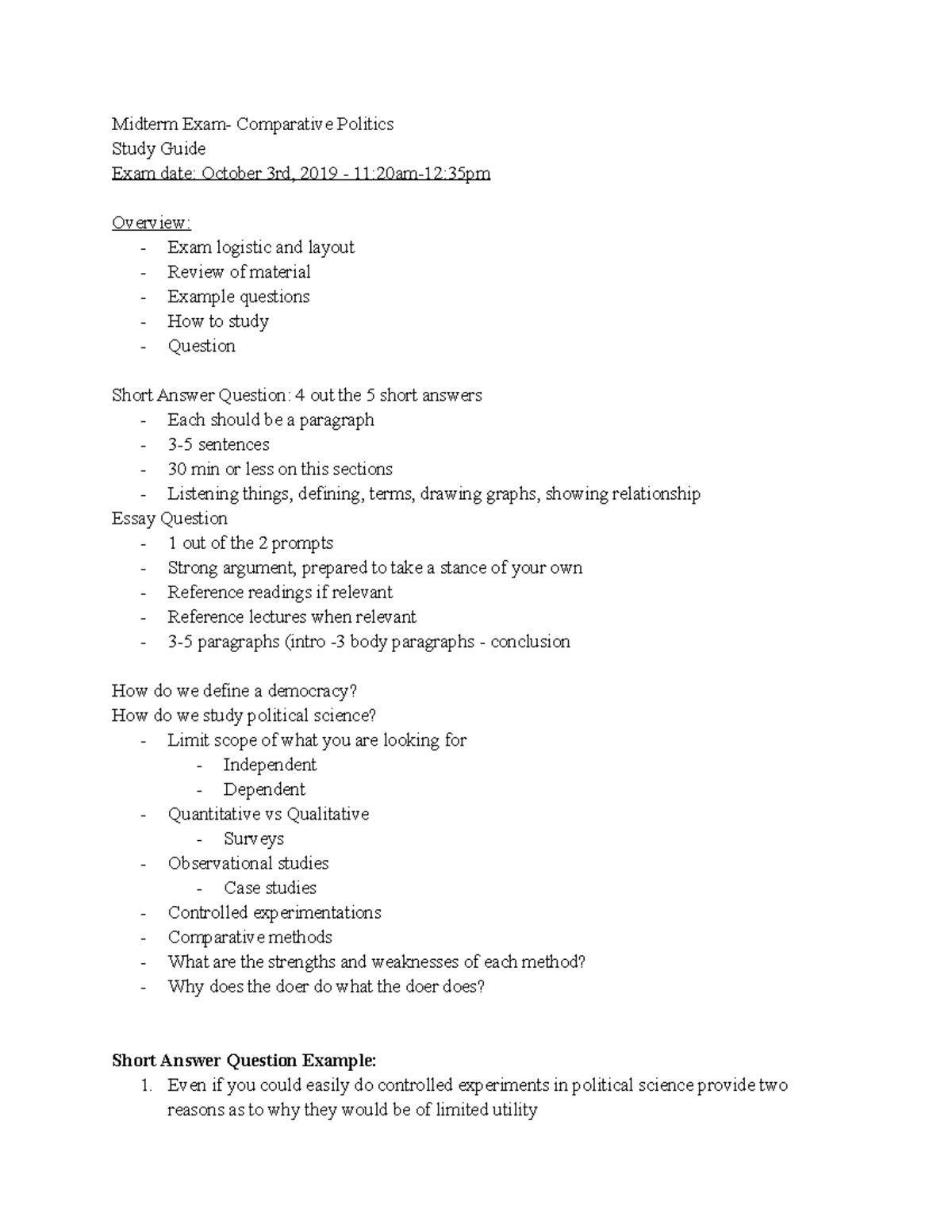 Midterm Exam Study Guide for Comparative Politics (POL 101) - Studocu