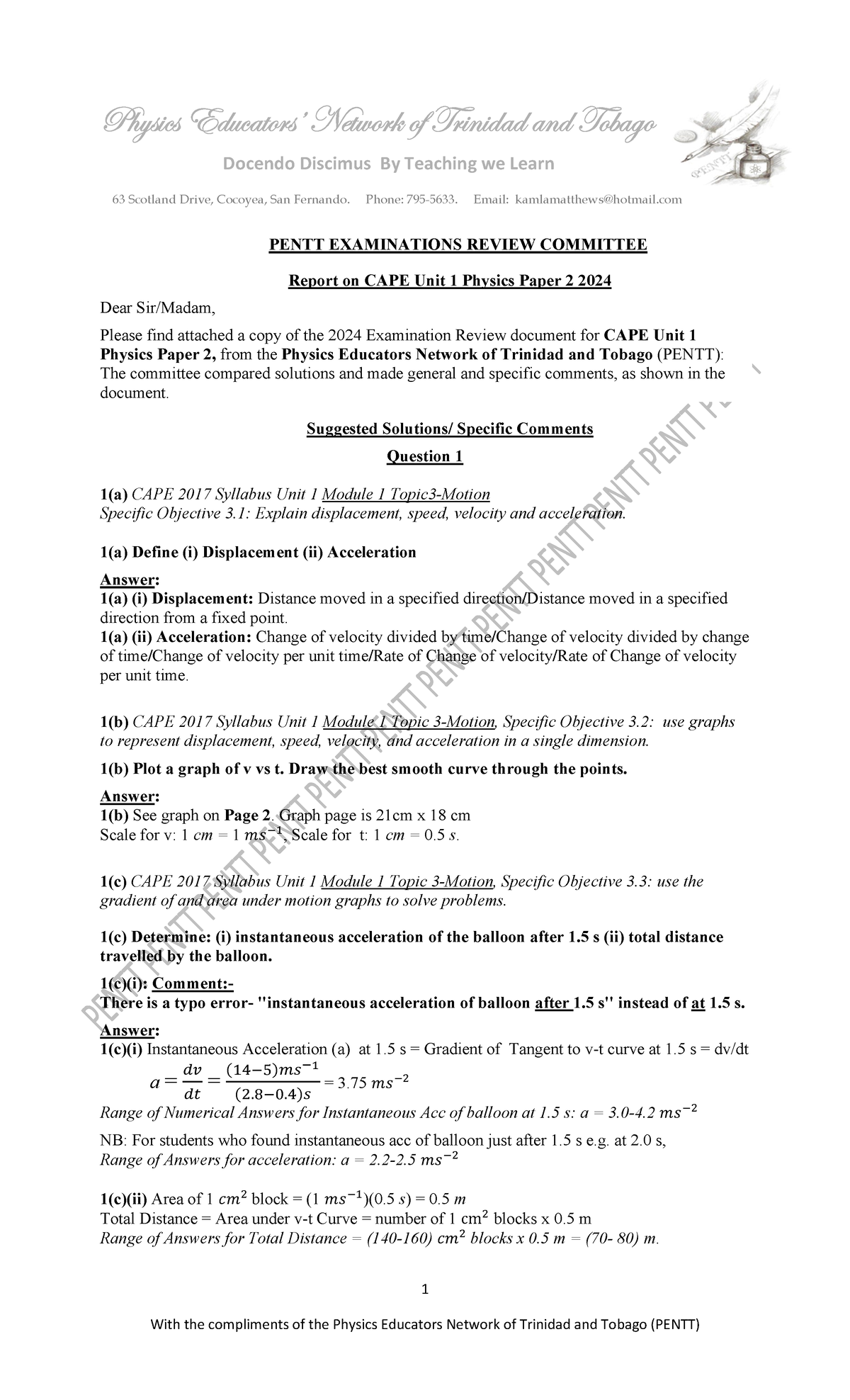 PENTT 2024 CAPE Unit 1 Physics Paper 2 Exam Review Document - Studocu