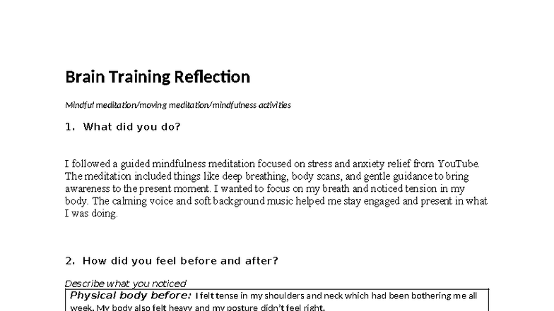 Brain Training Reflection: Mindfulness Meditation Experience - Studocu
