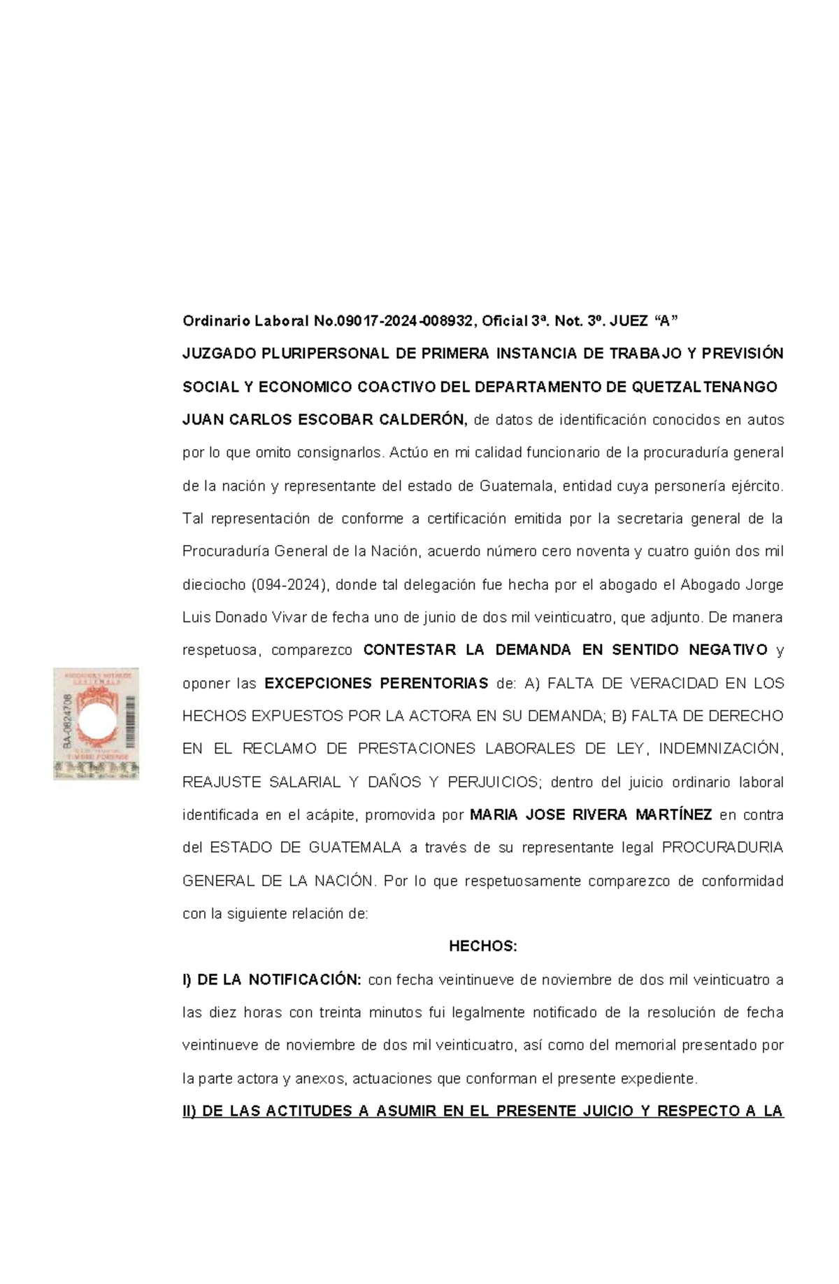 Contestación de Demanda Laboral Ordinaria - Simulación de Contrato - Document Preview
