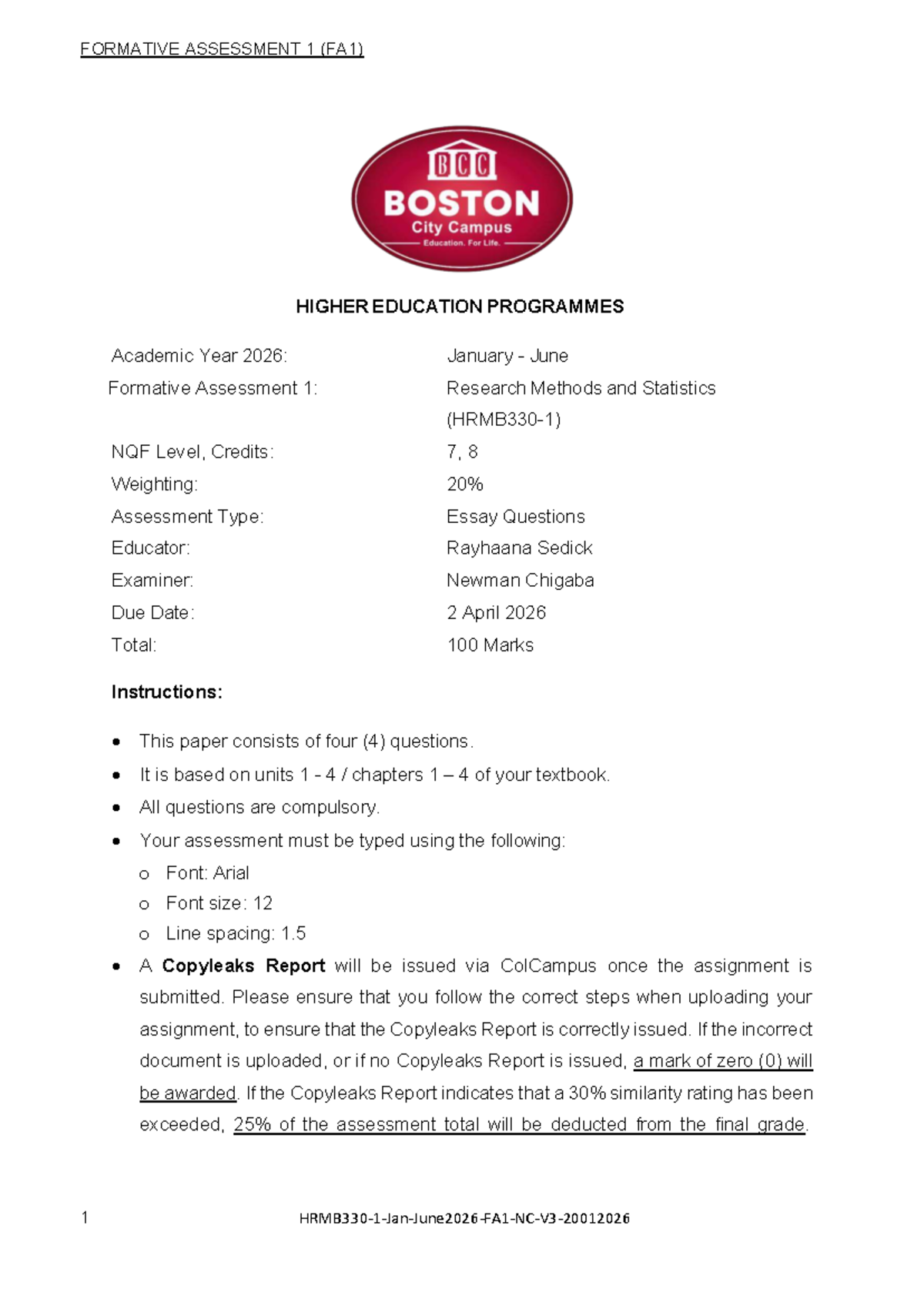 FA1: Research Methods & Stats - Formative Assessment 1 (2026) - Studocu