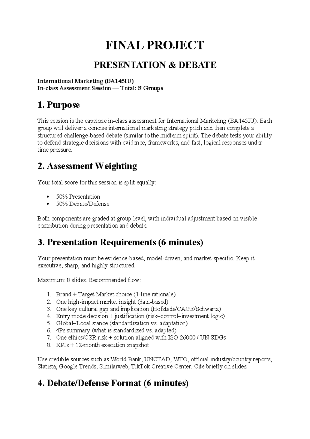 Final Project Presentation Debate Guidelines for BA145IU - Studocu