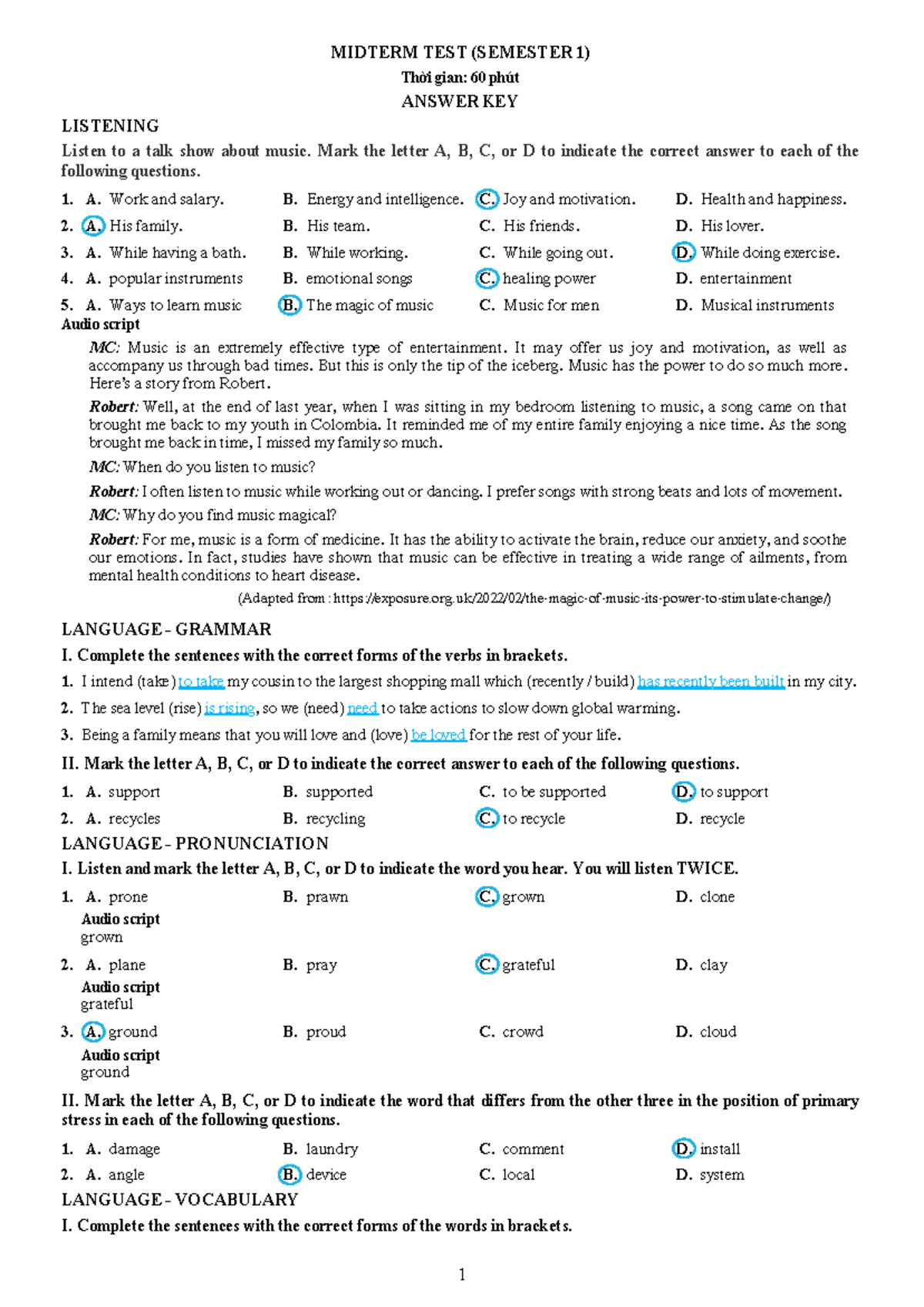 MIDTERM TEST (SEMESTER 1): Answers & Audio Script Overview - Studocu