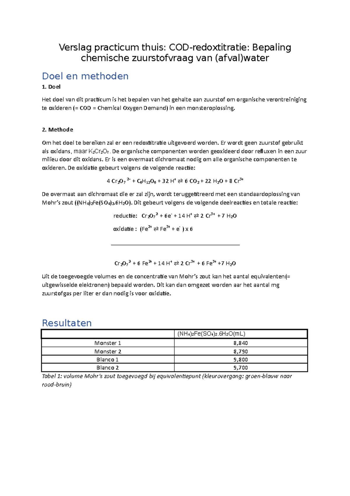 Verslag Practicum Thuis: Bepaling COD via Redoxtitratie - Studocu