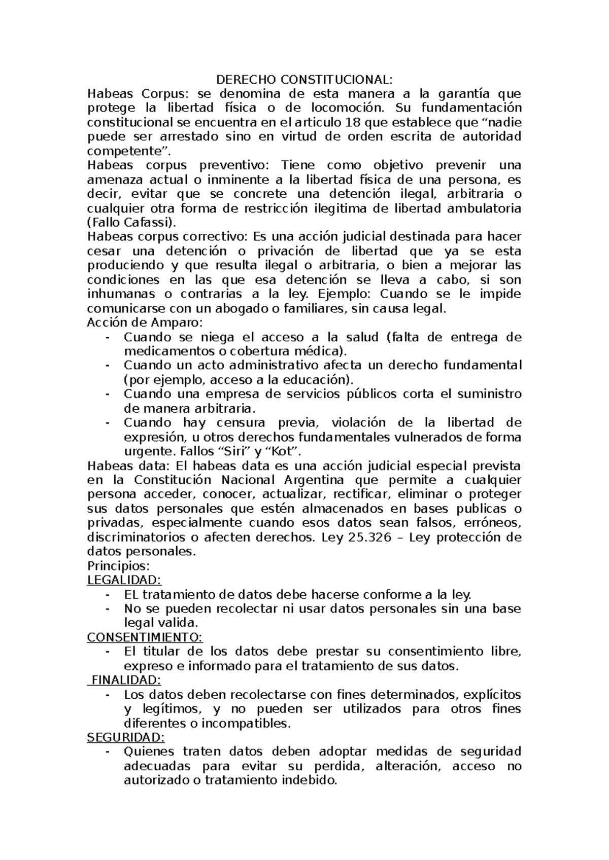 Derecho Constitucional: Resumen de Habeas Corpus y Amparo - Studocu