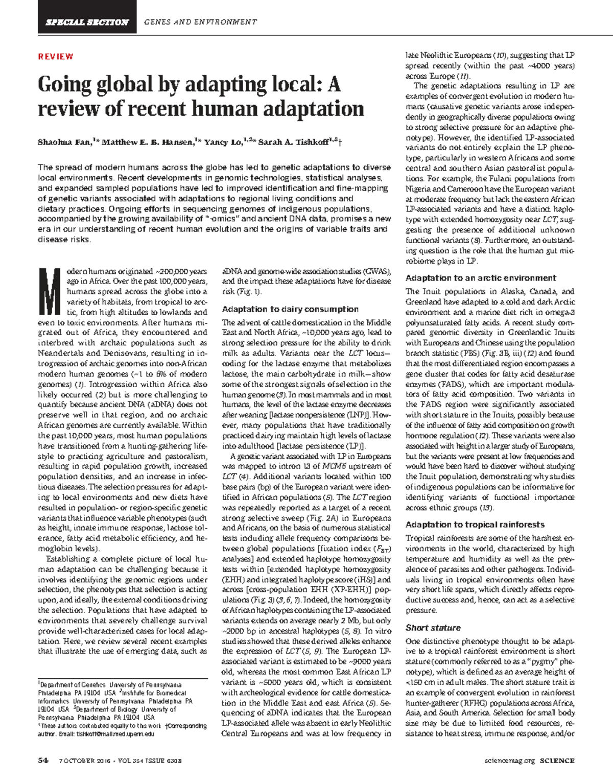 Human Adaptation: Genetic Diversity and Local Selection Pressures in ...