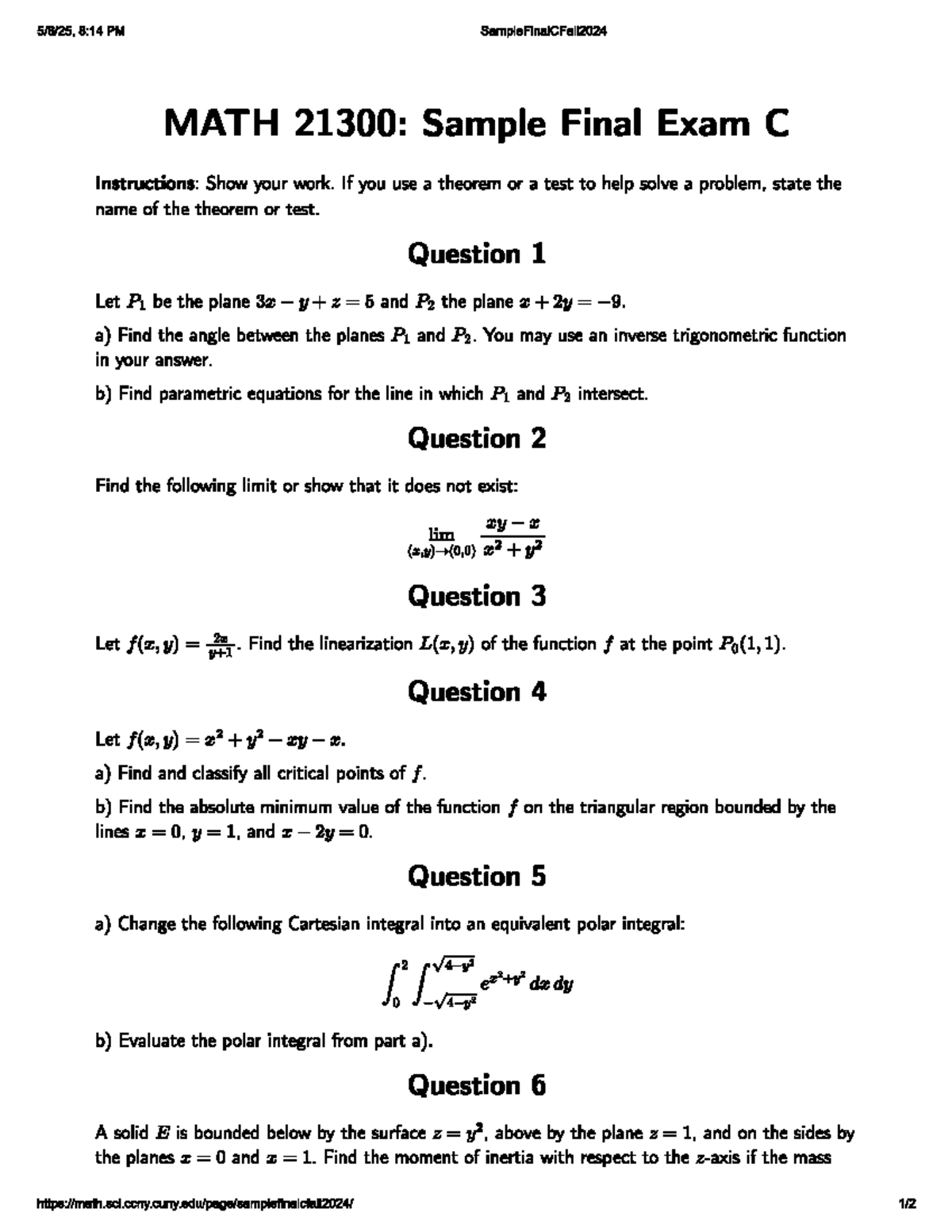 MATH 21300: Sample Final Exam C - Fall 2024 Study Guide - Studocu