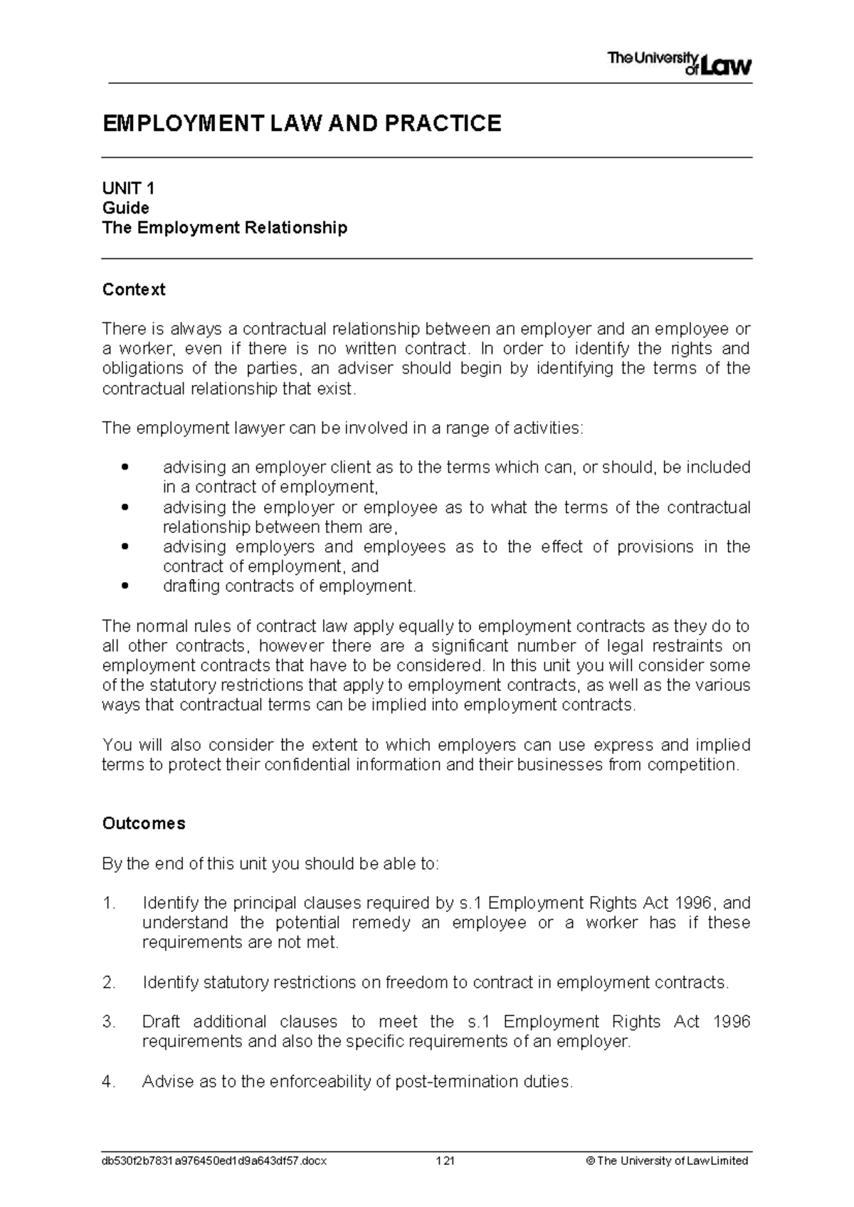 EMPLOYMENT LAW AND PRACTICE DB530F2B7831A976 UNIT 1 Workshop Guide ...