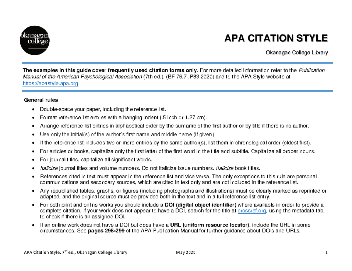 APA Citation Style Guide, 7th Ed. - Okanagan College Library - Studocu