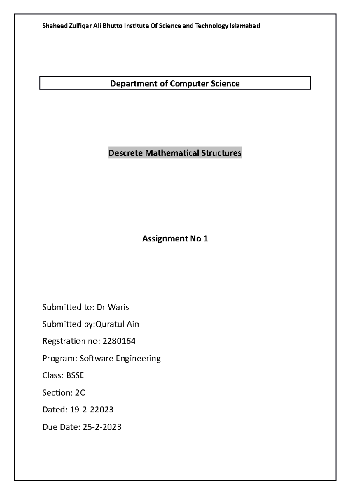 Application of Math in Computer Science: BSSE Assignment 1 - Studocu