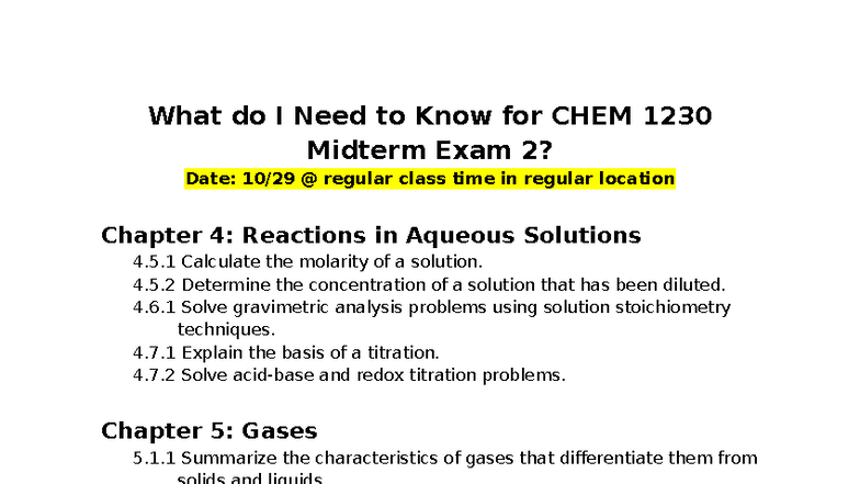 CHEM 1230 Midterm Exam 2 Study Guide: Key Concepts and Topics - Studocu